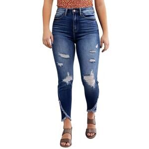 KanCan Kurvy Ultra High Ankle Jean Womens 28 Blue Split Frayed Hem Distressed